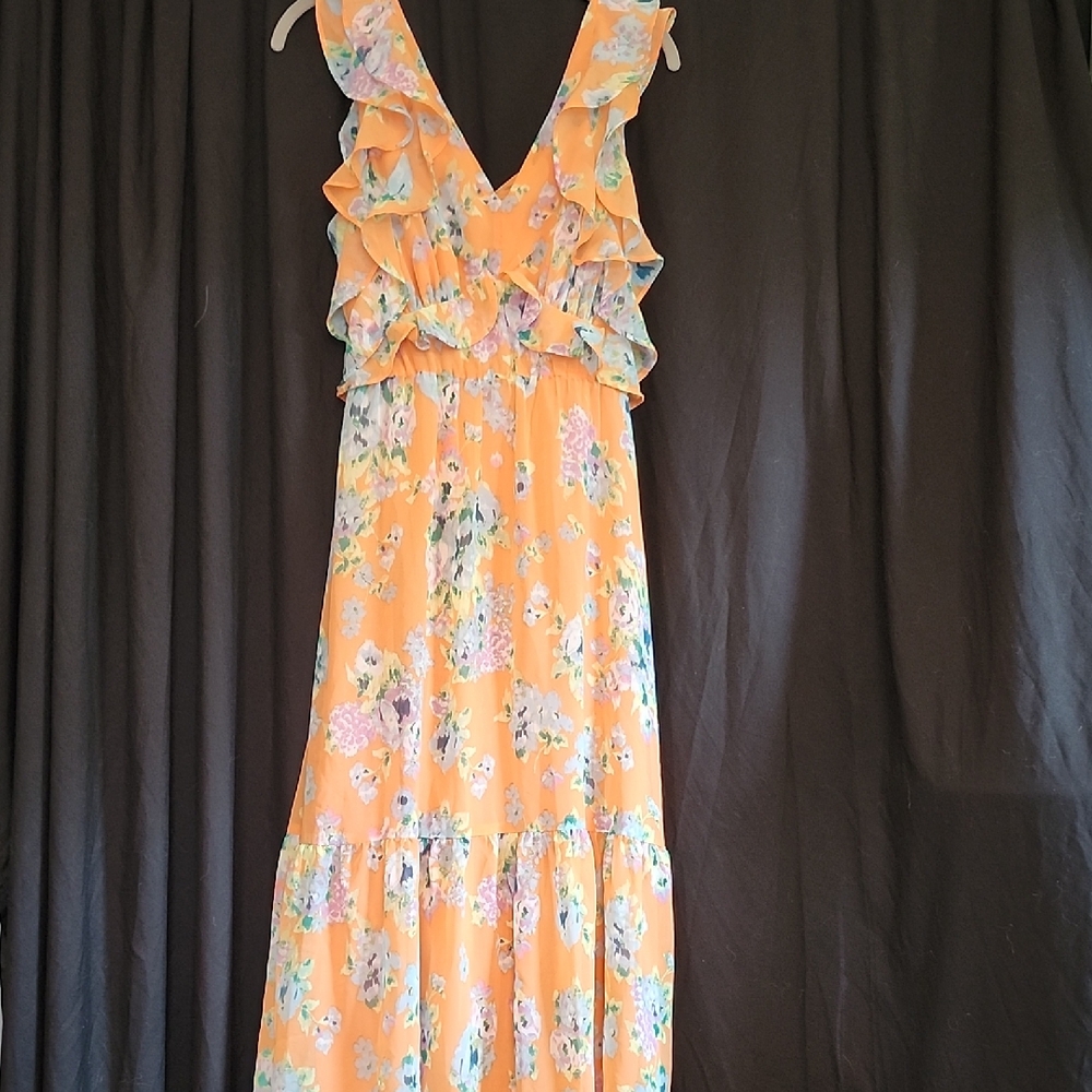 LC Lauren Conrad Floral Ruffle Maxi Dress - Orange and Blue